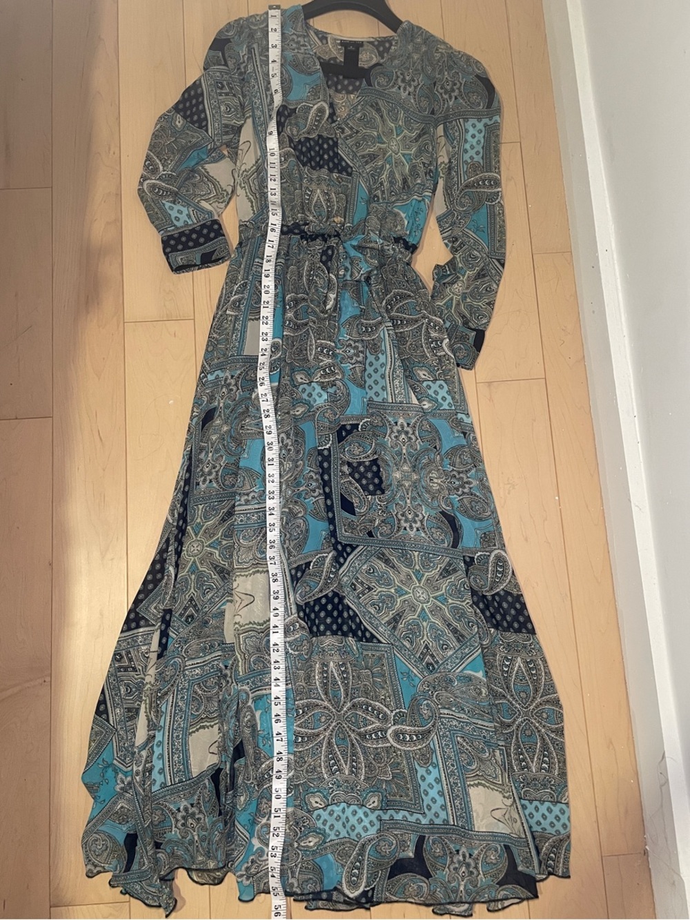 NWOT - KATE AND LILY - Maxi Dress Long Sleeve Paisley Teal/Navy Waist Tie - Picture 6 of 7
